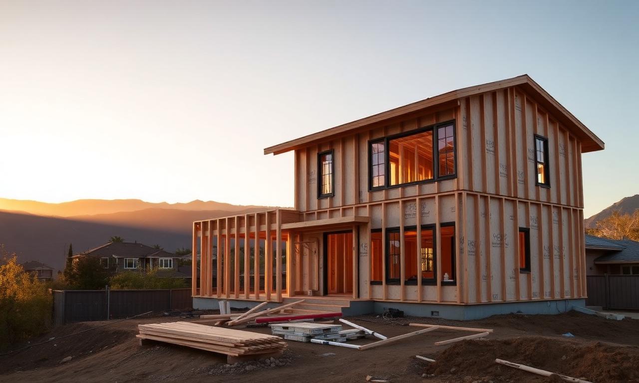 Home under construction in Altadena with the San Gabriel mountains behind it